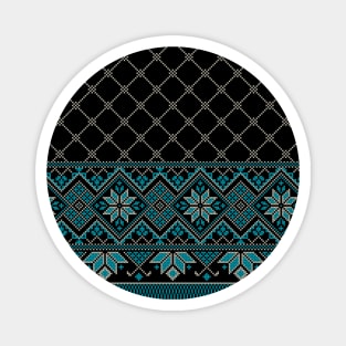 Palestinian Arabic Kufiya Keffiyeh or also called Hatta Traditional Pattern with Tatreez Embroidery Art Design Blue Cream on Navy Magnet